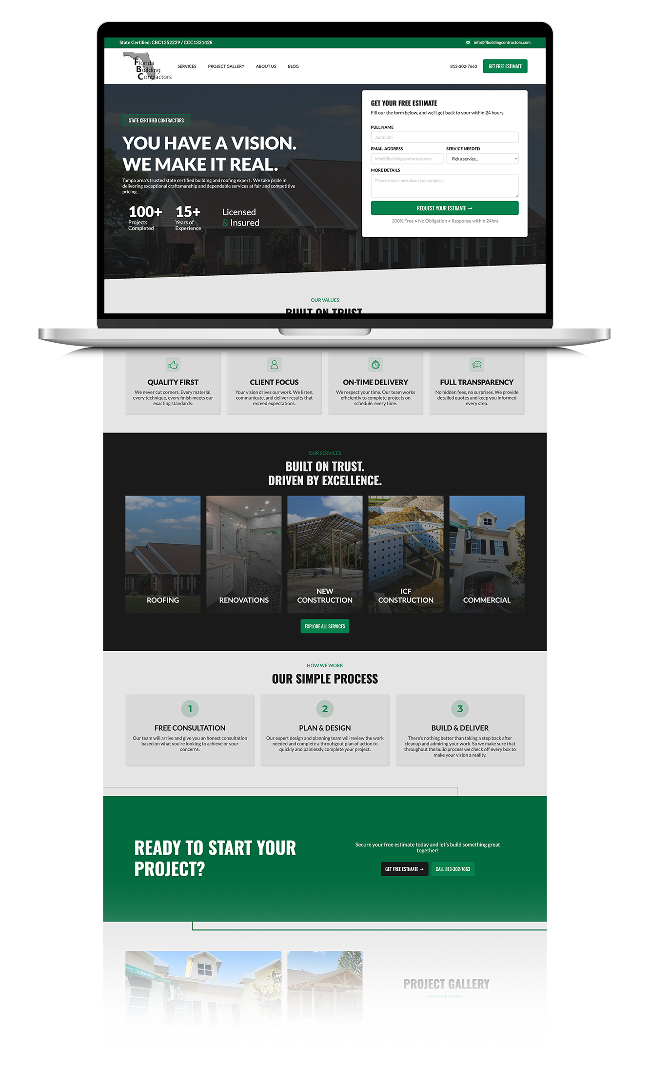 Florida Building Contractors homepage showing state-certified building and roofing services in Tampa, with hero section, free estimate form, service categories including roofing, renovations, new construction, ICF, and commercial projects, plus project gallery.