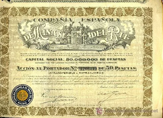 A bearer share of the Compania Espanola de Minas del Rif, the mining company at the origin of the war.
