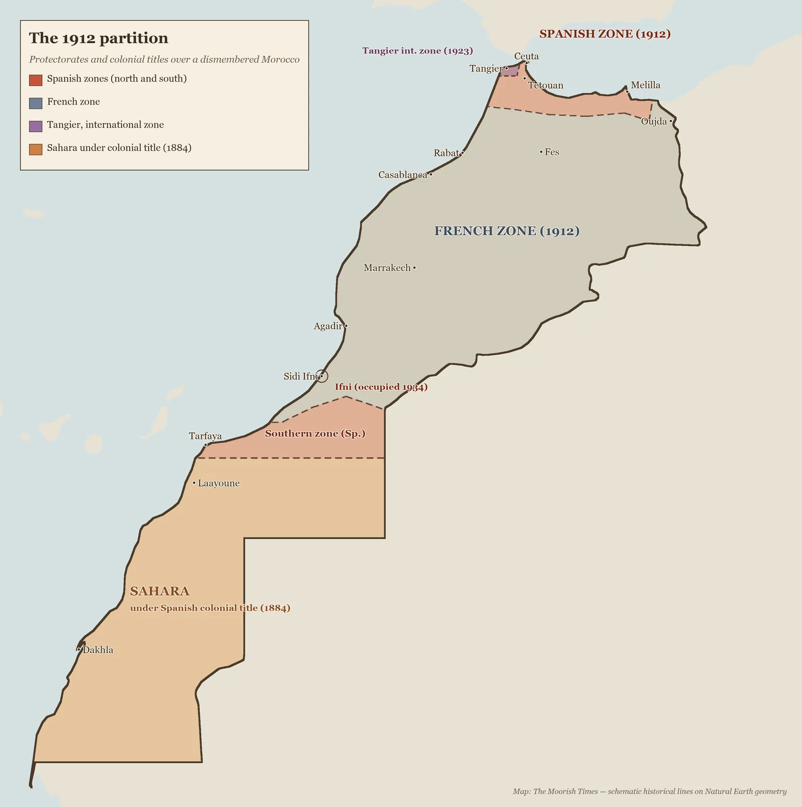 Map: the 1912 partition — Spanish and French zones, international Tangier, Ifni and the Sahara under colonial title, on an undivided Morocco (The Moorish Times).