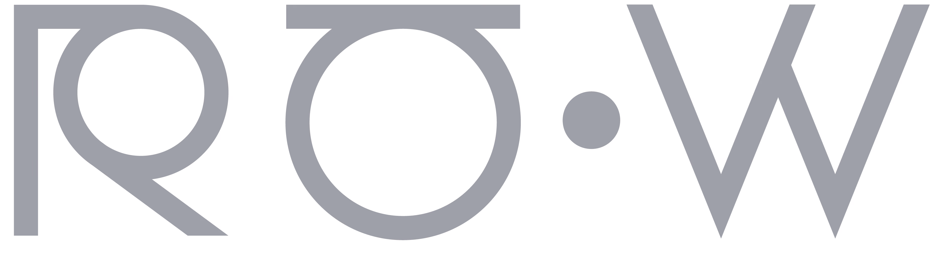 Grå logo med stiliserte bokstaver R, Ö med to prikker og W.