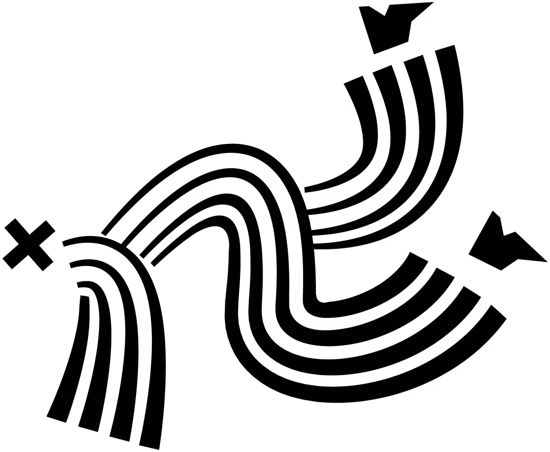 Stylized black and white map with winding paths, an X marking the start, and arrows marking directions.