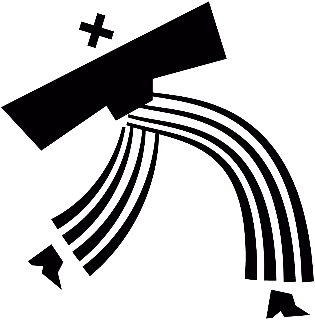 Black and white icon of a satellite emitting radio waves with a cross symbol beside it.