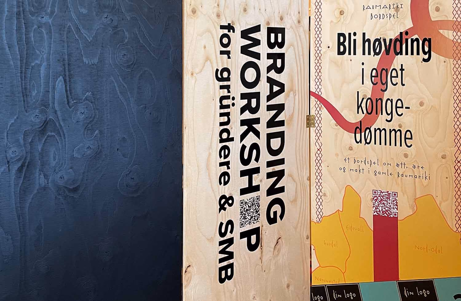 Utsnitt av treplater med teksten om branding workshop. RåW studio, grafisk designer på Jessheim.