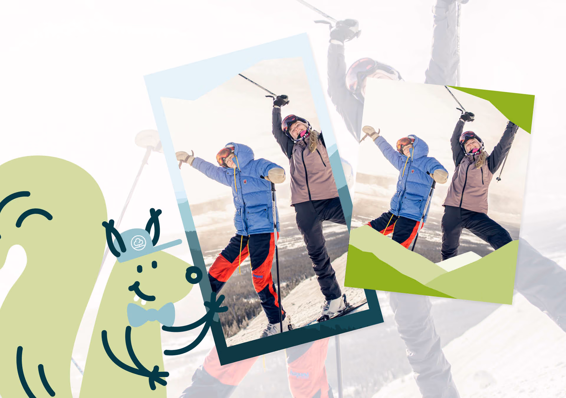 Eika maskot, illustrasjon av et ekorn med caps som vinker. Bilder av barn på ski i bakgrunn. RåW studio, grafisk designer på Jessheim.