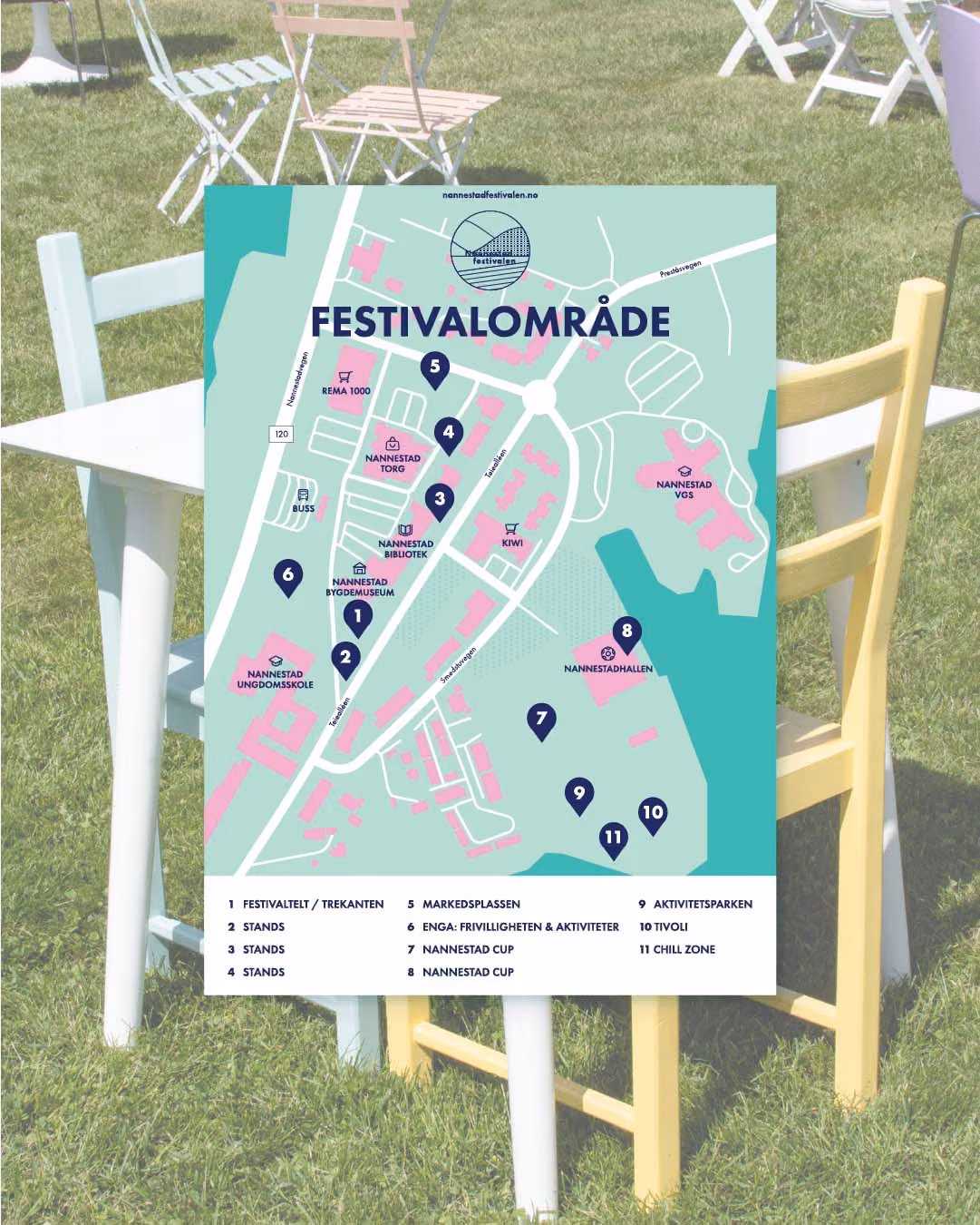 Plakat med kart over festivalområde. RåW studio Jessheim, grafisk design.