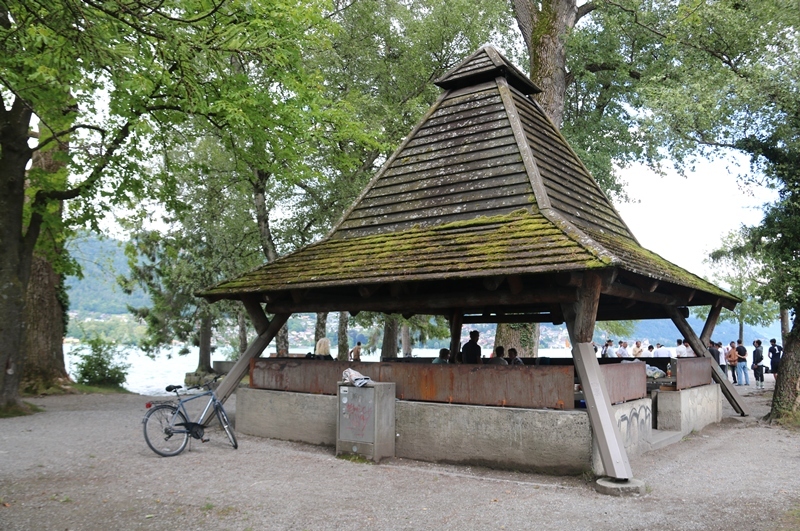 Öffentliche Grillstelle Grunderinseli in Thun mit Grillhaus und Blick auf den Thunersee