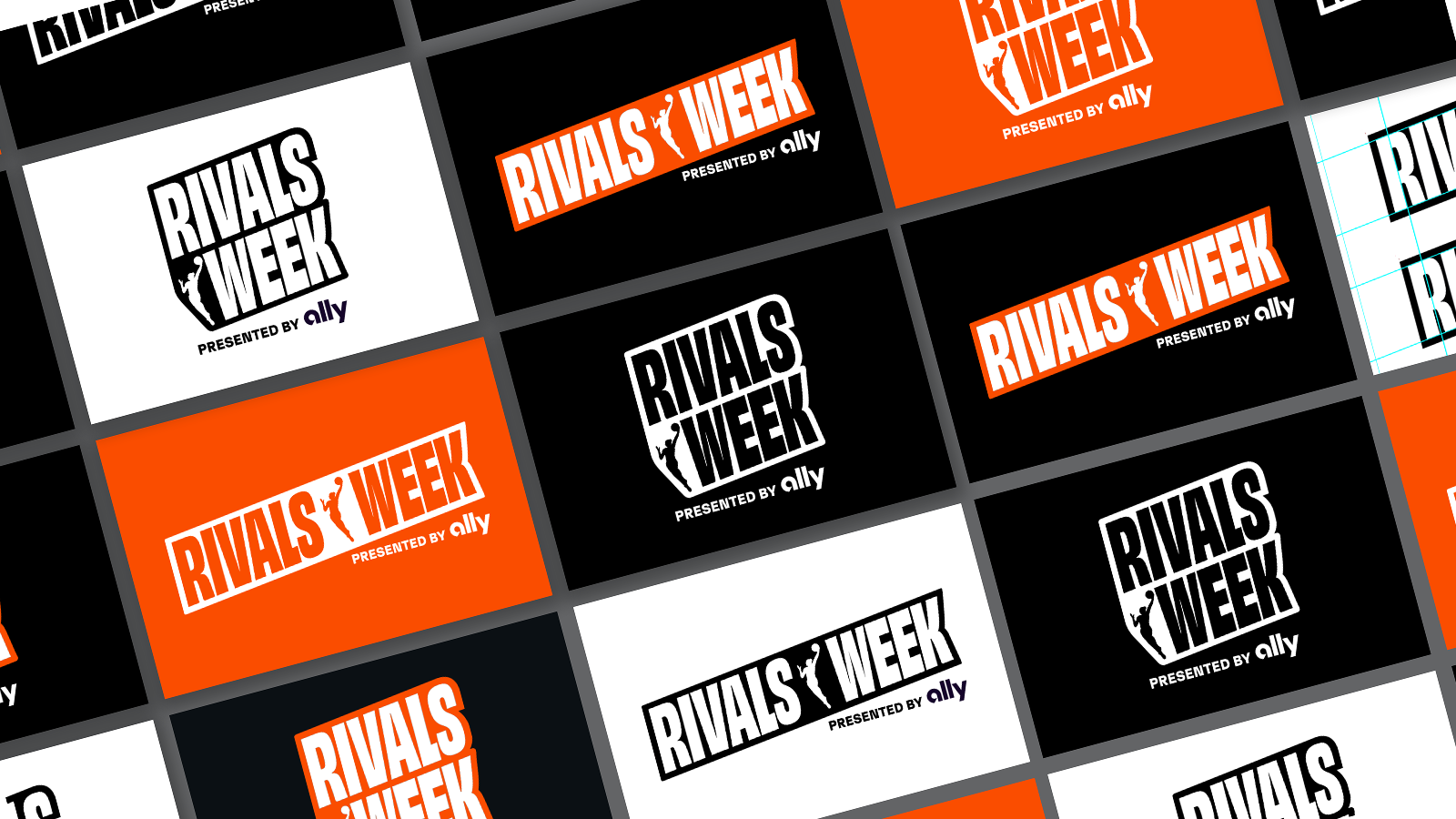 The Rivals Week presented by all logo lockups on backgrounds of black, orange and white