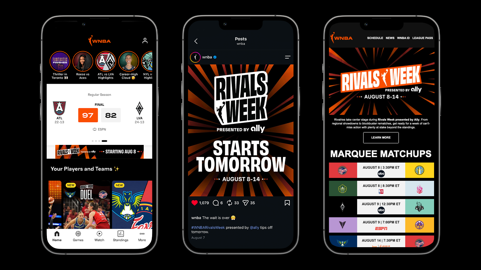 Three iphones showing a Rivals Week banner in the WNBA app, a post from the Instagram, and theh eader for an email