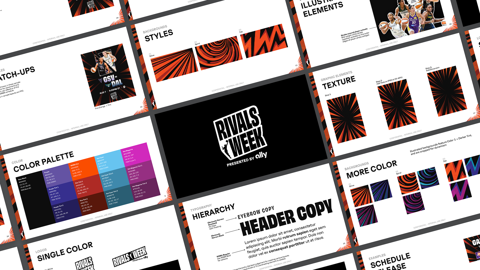 Stills from the brand book for the WNBA 2026 Rivals Week presented by ally