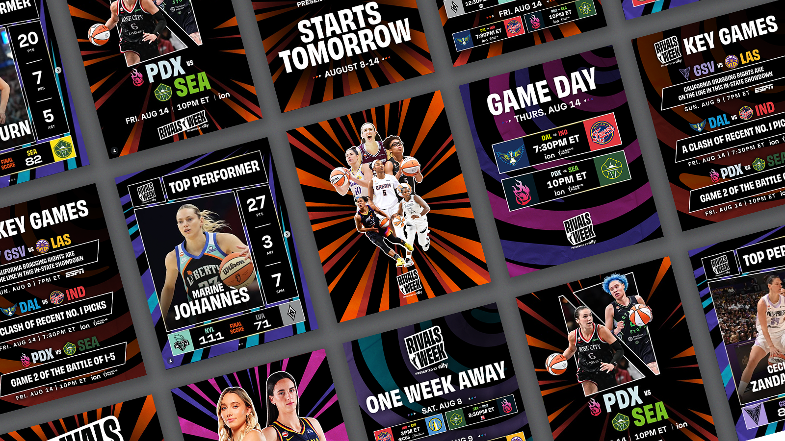 Assorted images from the WNBA's social content used during the 2026 WNBA Rivals Week presented by ally