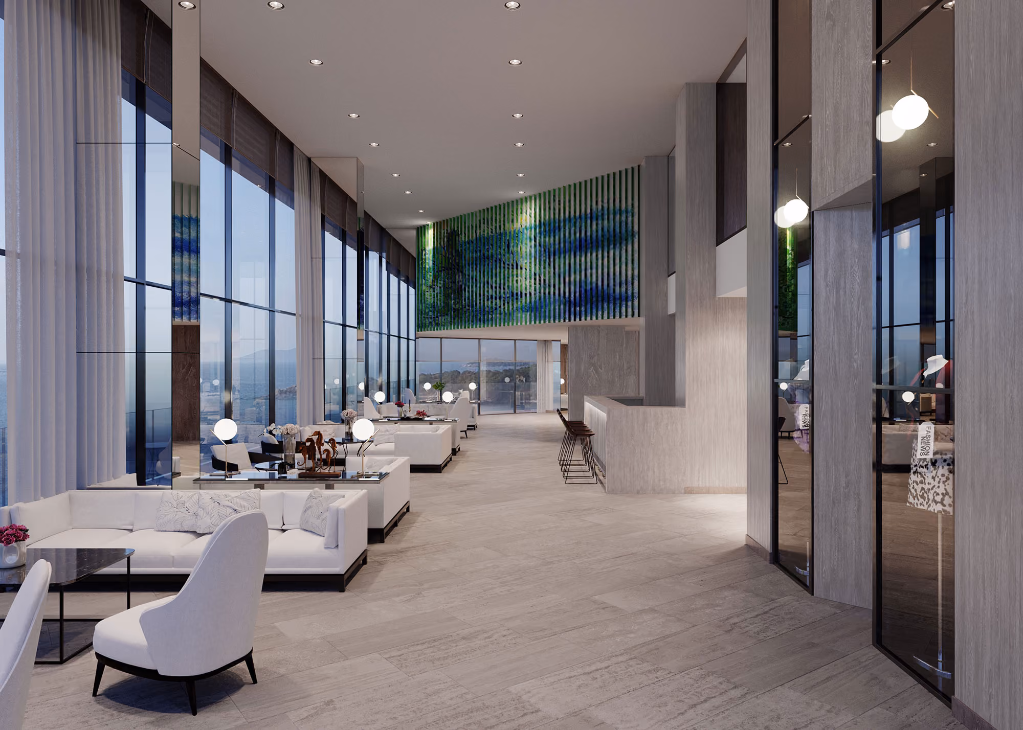 Modern lounge with white sofas, large floor-to-ceiling windows, bar stools, and a green and blue abstract wall art.