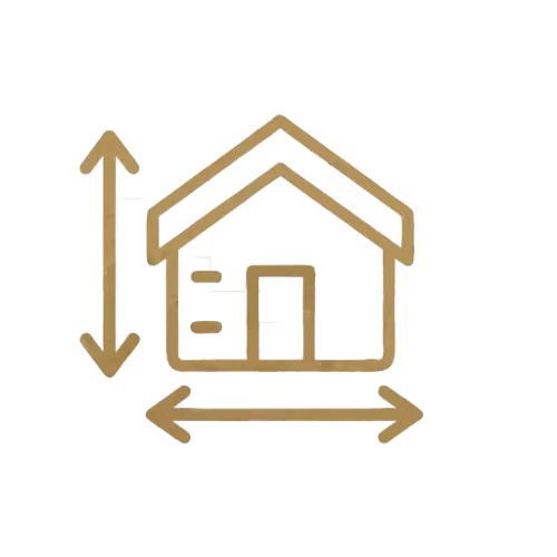 Icon of a house with arrows indicating its height and width dimensions.