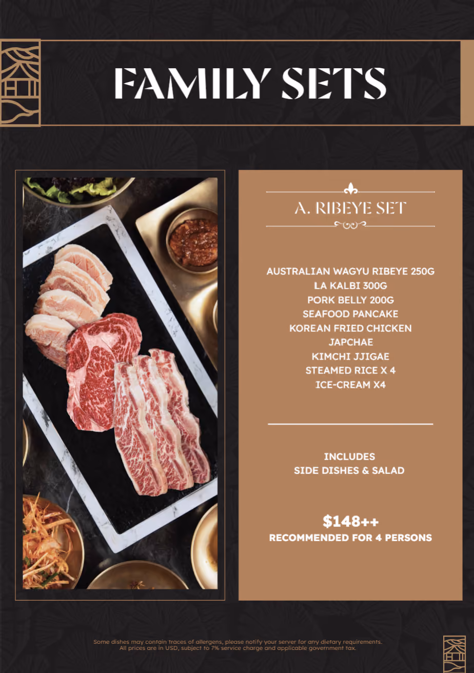 Family sets menu showing A. Ribeye Set with meat cuts, seafood pancake, sides, salad, and price for four persons.