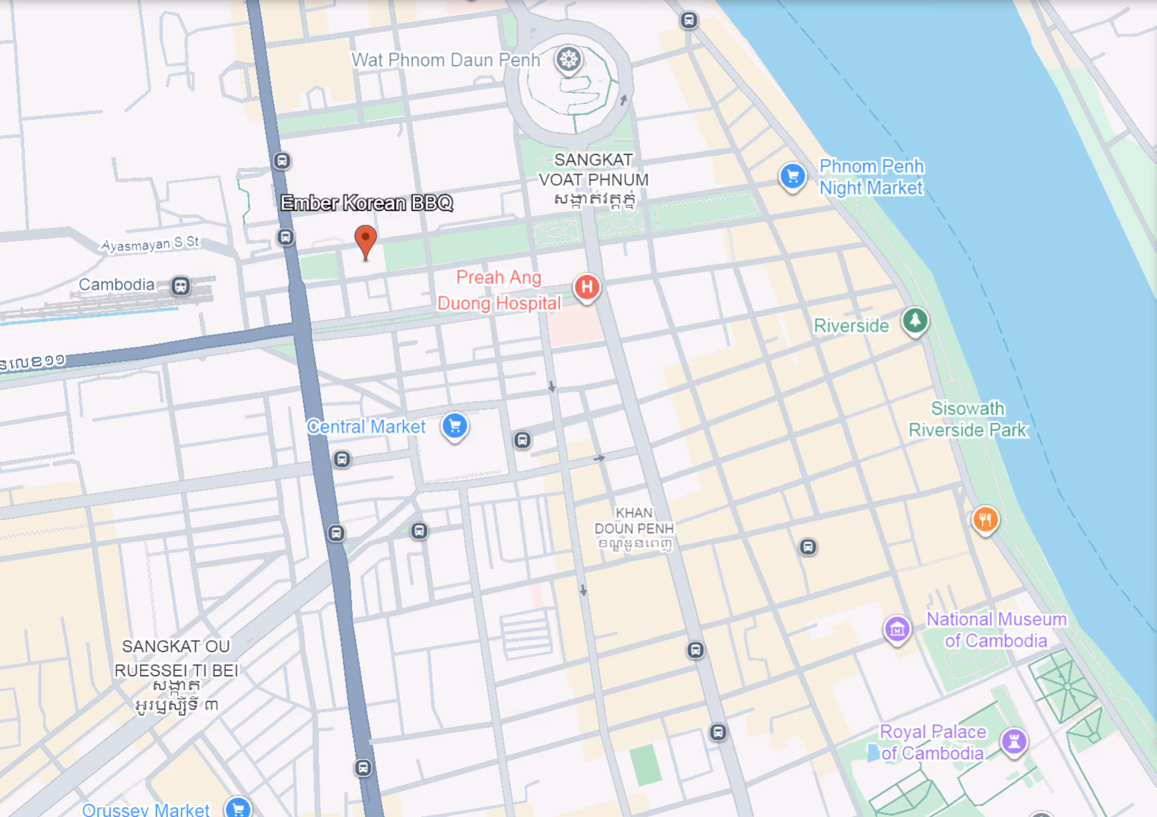 Map showing Ember Korean BBQ location near Central Market and Preah Ang Duong Hospital in Phnom Penh.