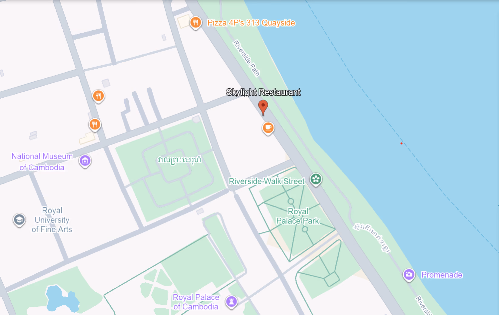 Map showing Skylight Restaurant near Royal Palace Park and National Museum of Cambodia by riverside.