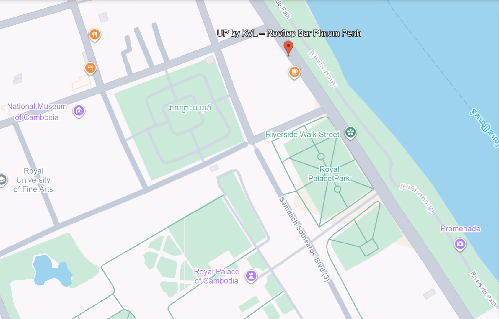 Map showing UP by KVL rooftop bar near Royal Palace Park and Riverside Walk Street in Phnom Penh.