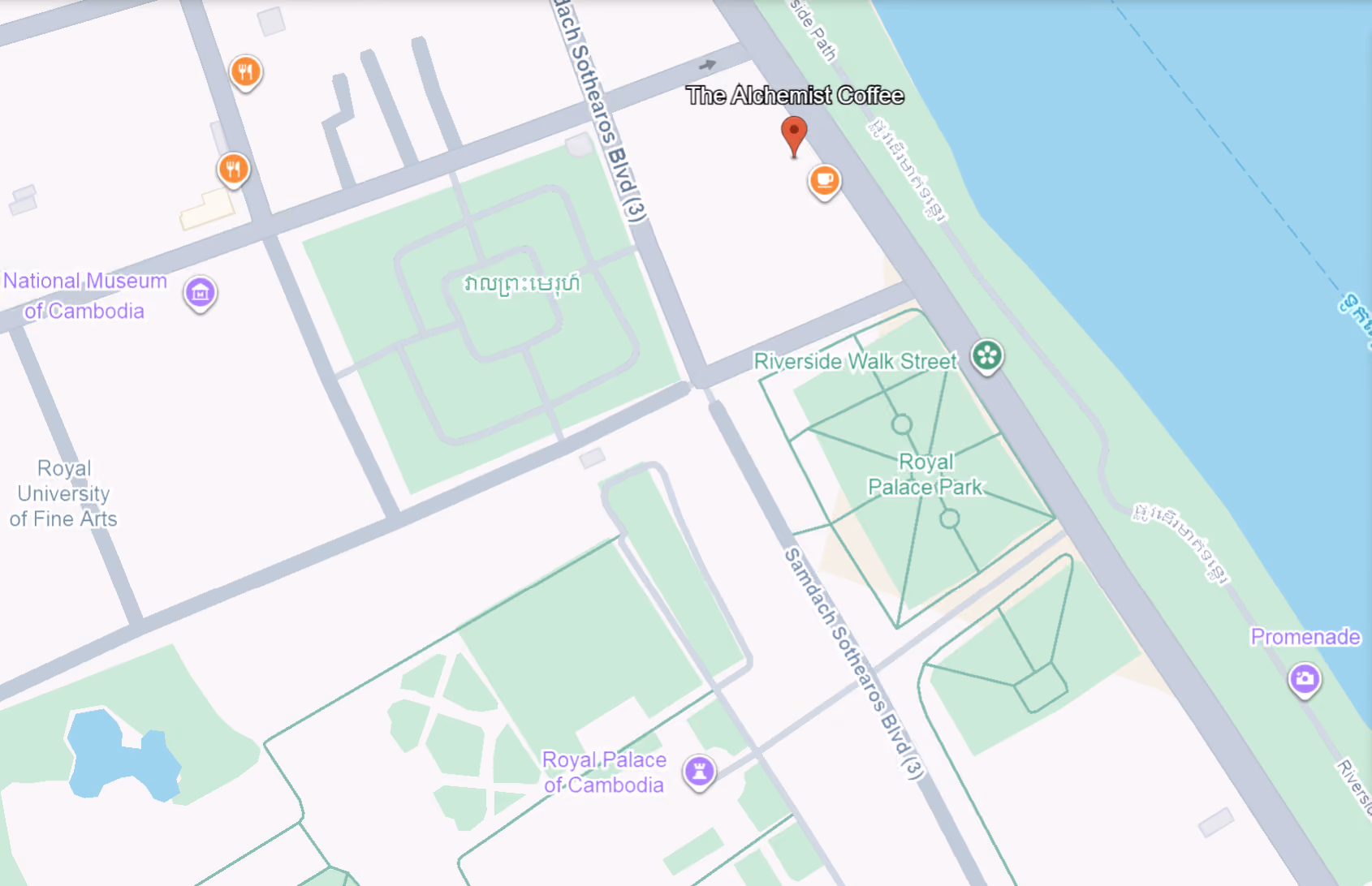 Map showing The Alchemist Coffee near Royal Palace Park and Royal Palace of Cambodia in Phnom Penh.