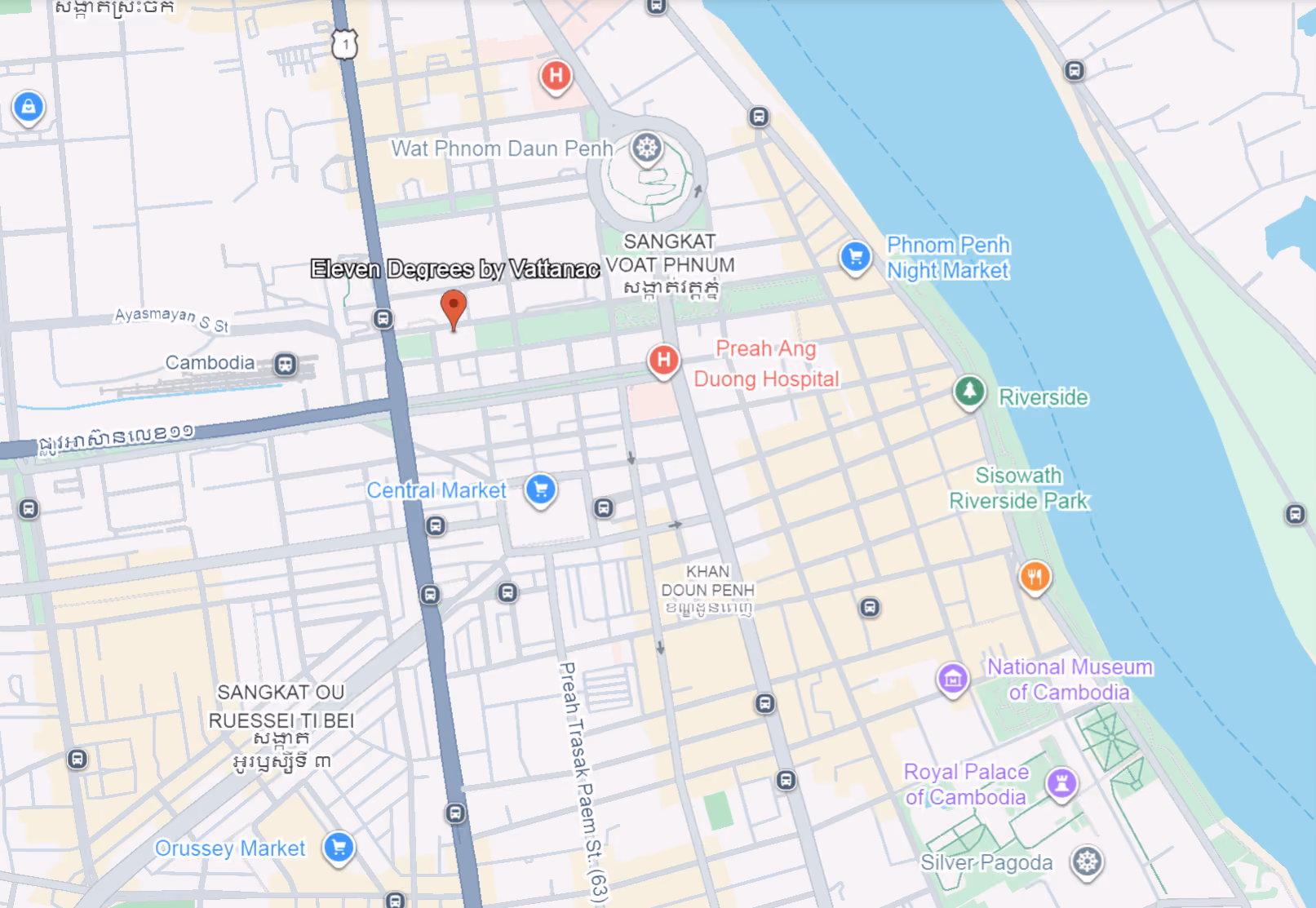 Map showing Eleven Degrees by Vattanac location near Central Market and Phnom Penh riverfront.