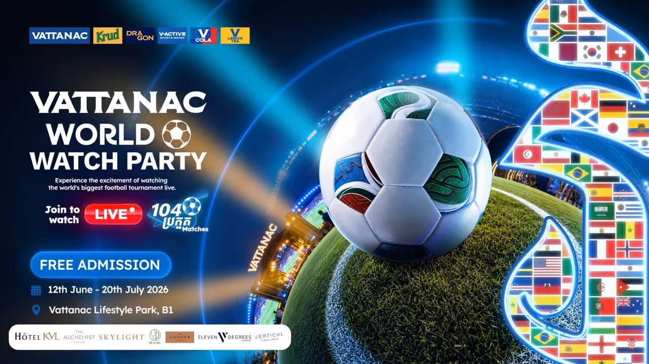 Soccer ball on grass with stadium, flags, and text about Vattanac World Watch Party event details.
