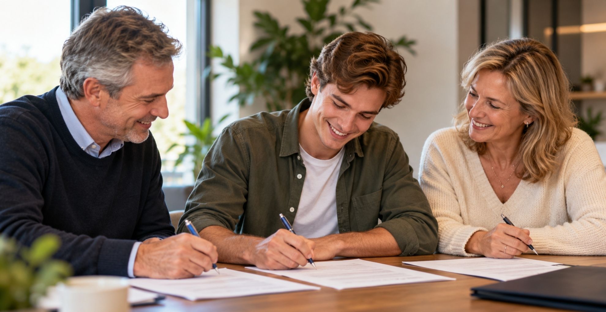 Jonge man met ouders aan tafel tekenen papieren