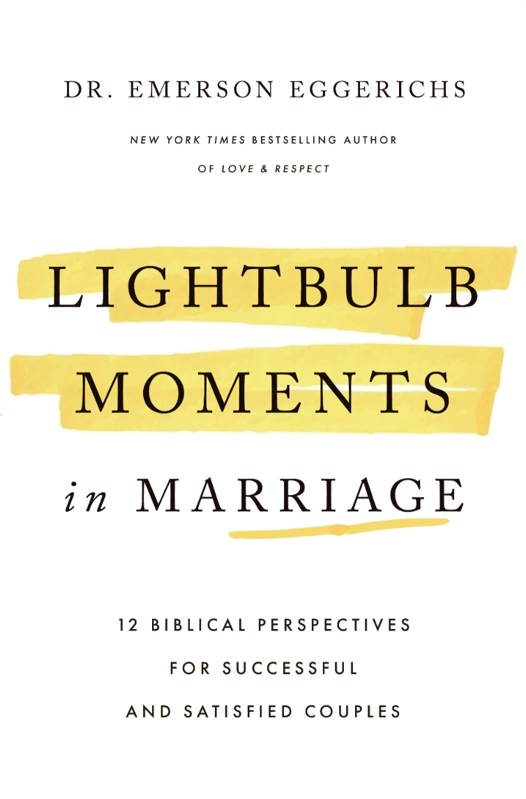 Book cover titled 'Lightbulb Moments in Marriage' by Dr. Emerson Eggerichs, featuring 12 biblical perspectives for successful and satisfied couples.