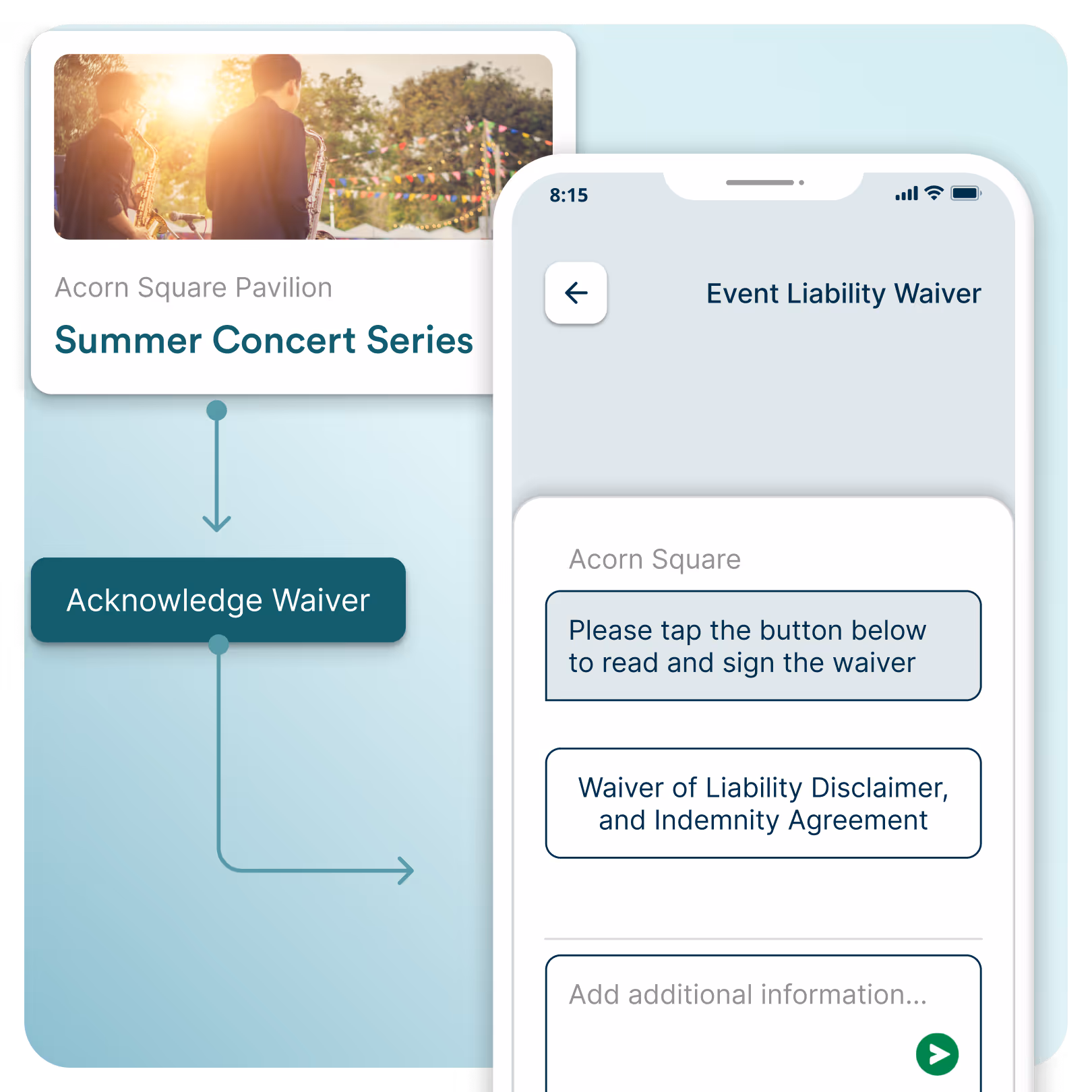 Mobile interface for a summer concert series waiver, with buttons and general liability information.
