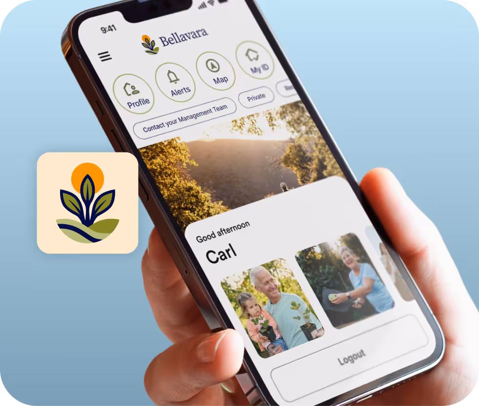 Hand holding a smartphone showing the Bellavara mobile app home screen with user profile.