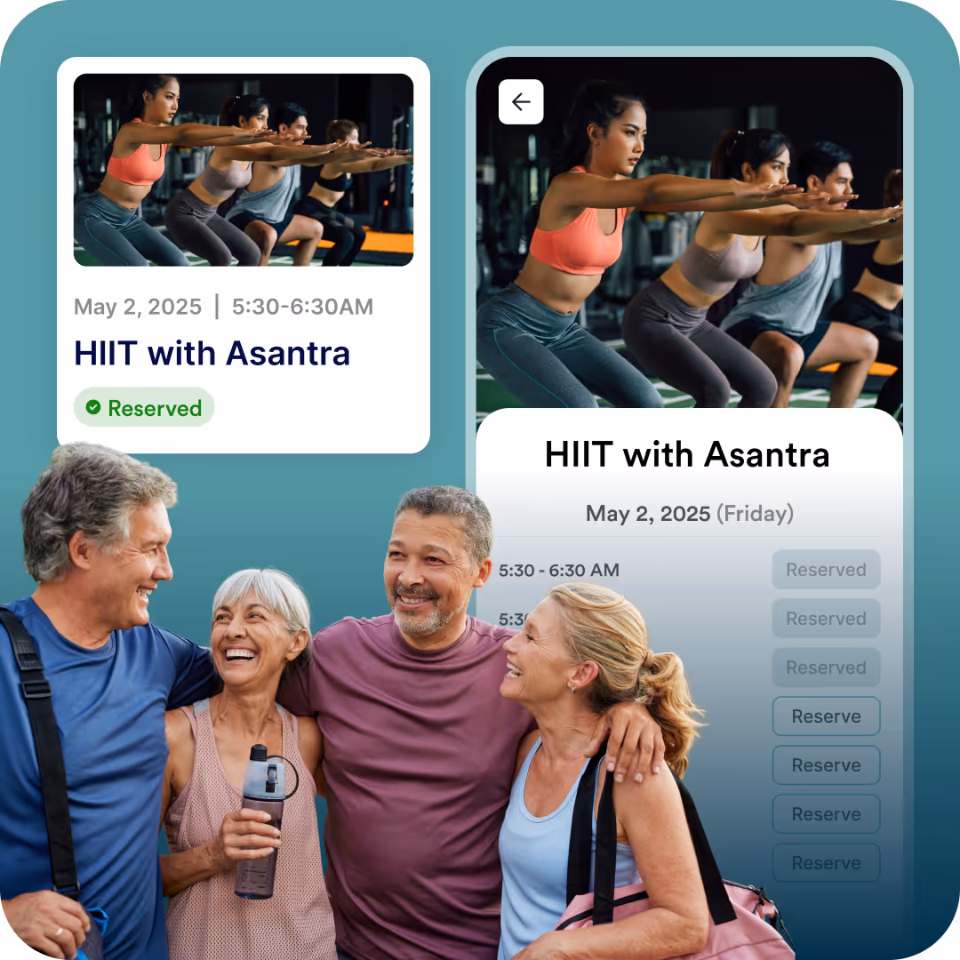 Group of happy people attending HIT with Asantra community fitness program, with event info on screen