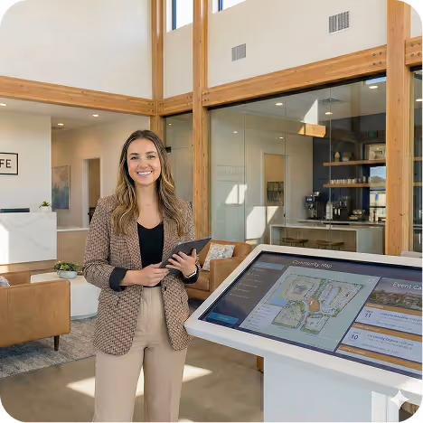 Smiling woman using a large touchscreen map inside a modern community information center