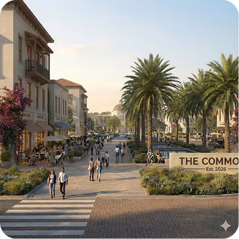 Pedestrian-friendly town center with palm trees, people walking, and shops on both sides