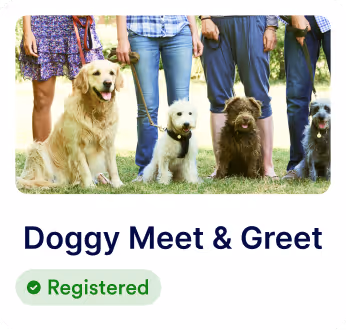 Doggy Meet & Greet event card featuring three dogs and a “Registered” badge.