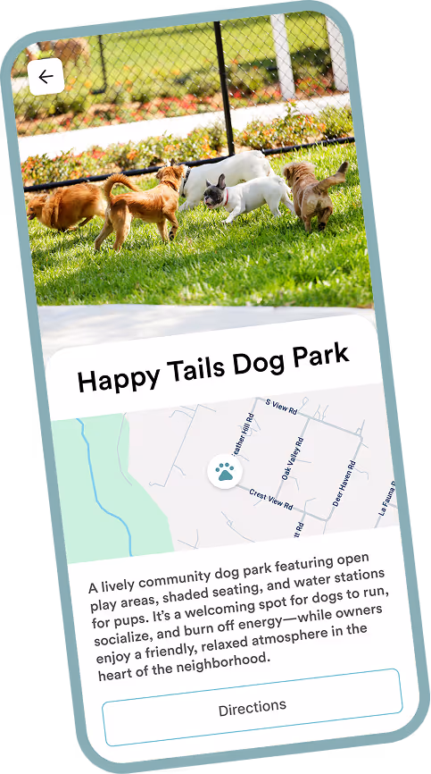 Smartphone screen displaying a dog park map and event details for Happy Tails Dog Park.