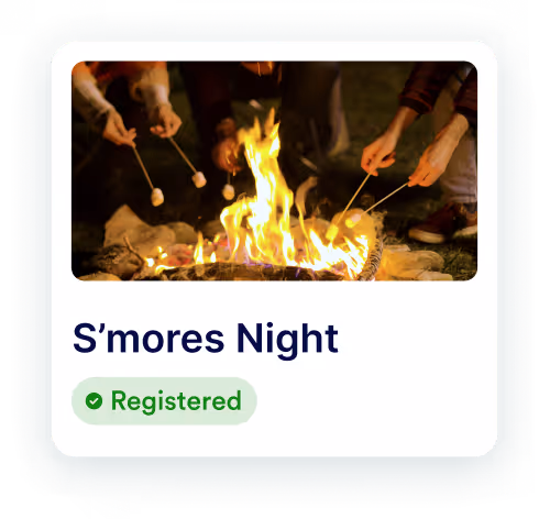S’mores Night event card with a firepit image and a “Registered” badge.