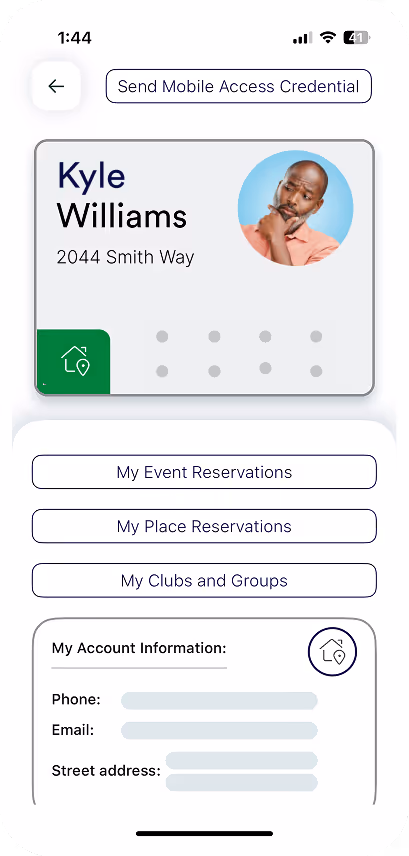 Bellavara resident profile screen showing Kyle Williams’ account and community details.