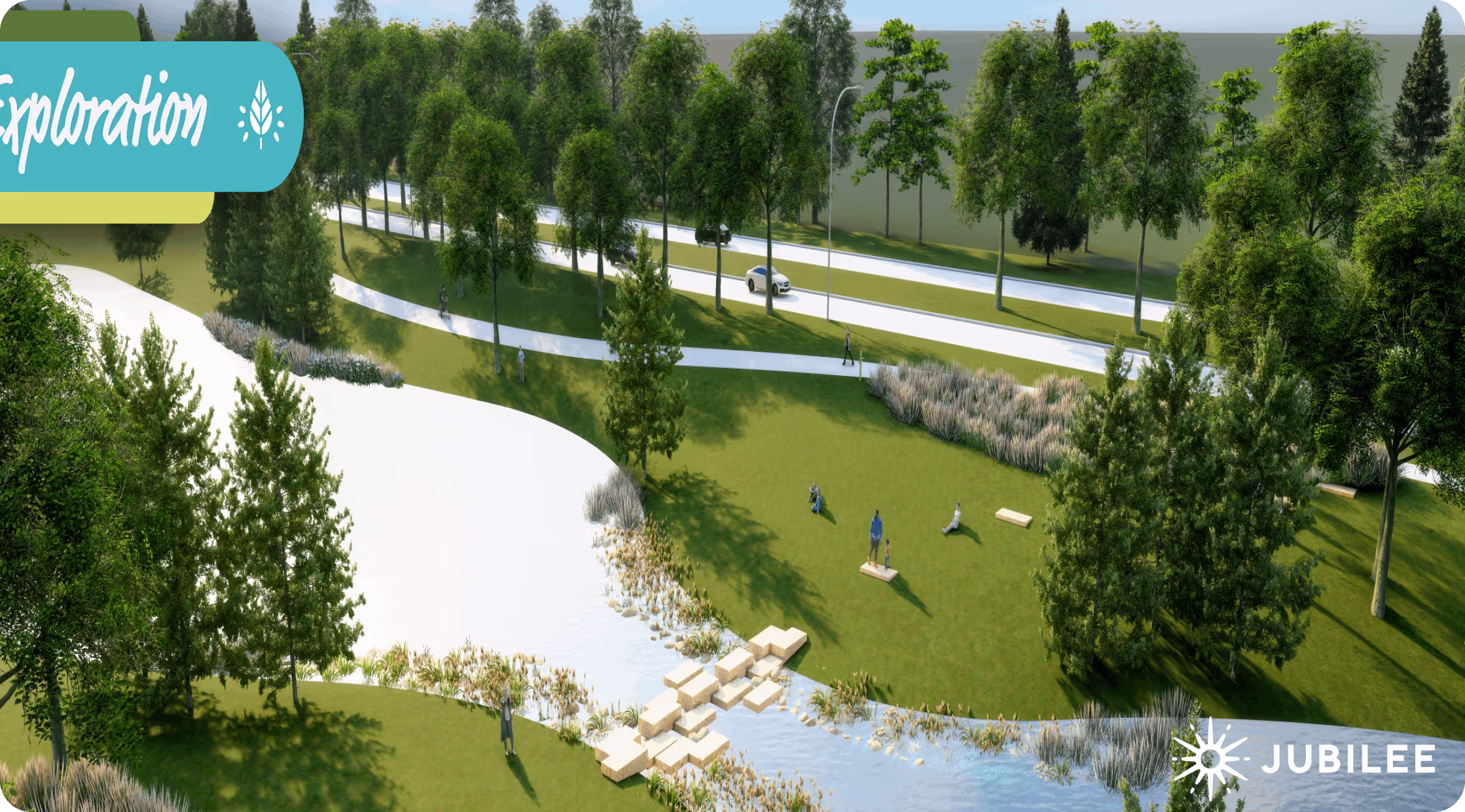 Aerial view of a green neighborhood park with walking paths and open fields