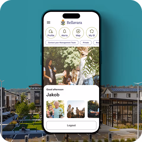 Mobile phone displaying a residential community app with user login and amenities