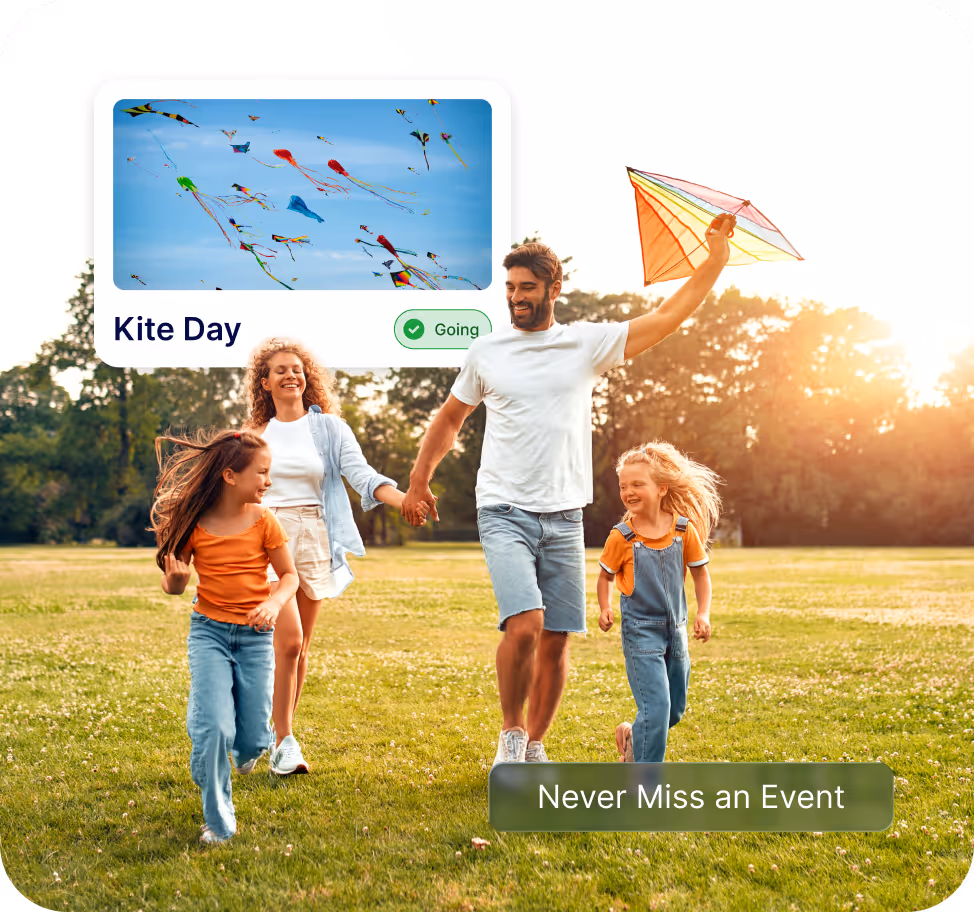 Happy family running in a grassy park at sunset with a man holding a colorful kite, and an inset image of multiple kites flying in a blue sky labeled 'Kite Day' with a 'Going' status badge.