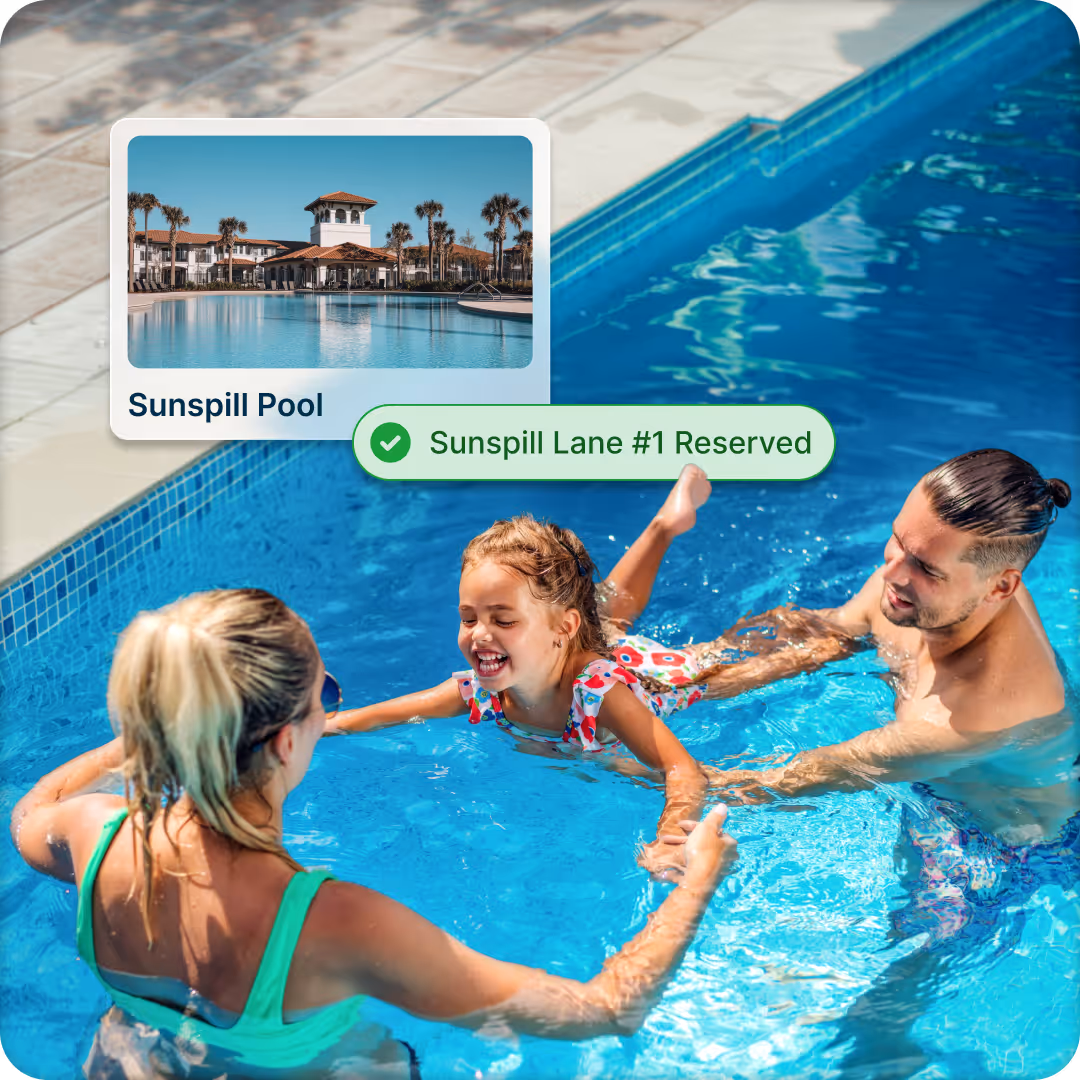 Two adults holding a smiling young girl in a swimming pool with an inset image labeled 'Sunspill Pool' and a green notification saying 'Sunspill Lane #1 Reserved'.