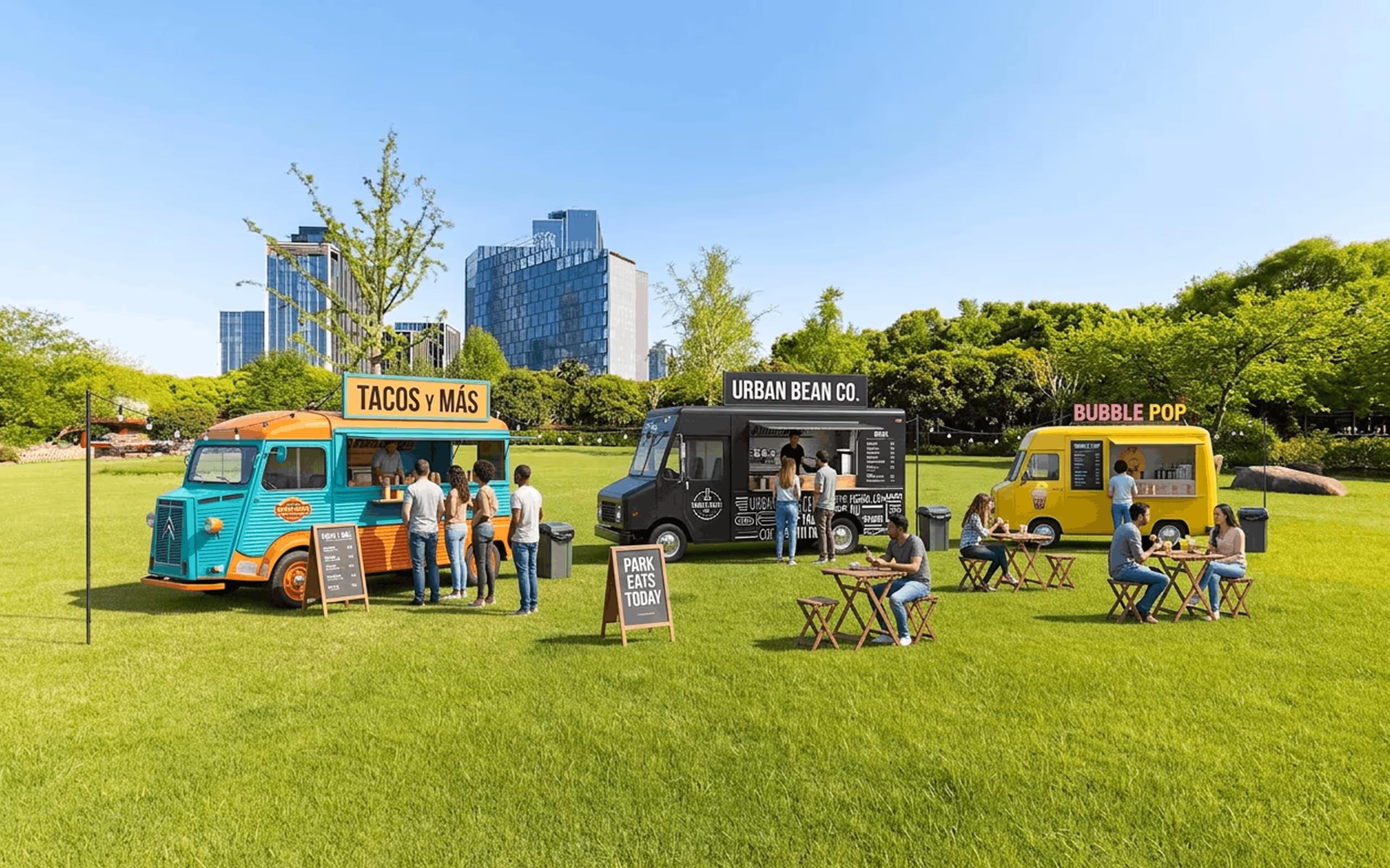 People ordering and sitting near three colorful food trucks—Tacos y Más, Urban Bean Co., and Bubble Pop—in a sunny park with city buildings and trees in the background.
