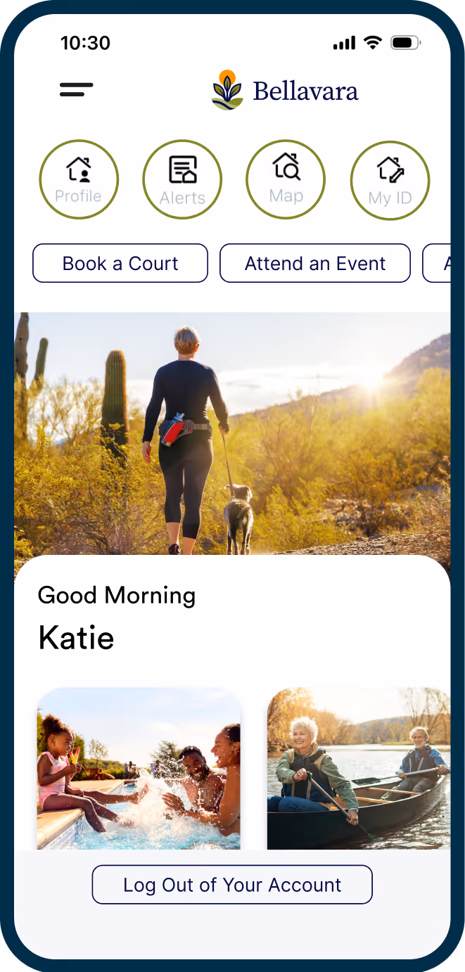 Mobile app screen showing a woman walking a dog in desert, with greeting, activities, and logout button.