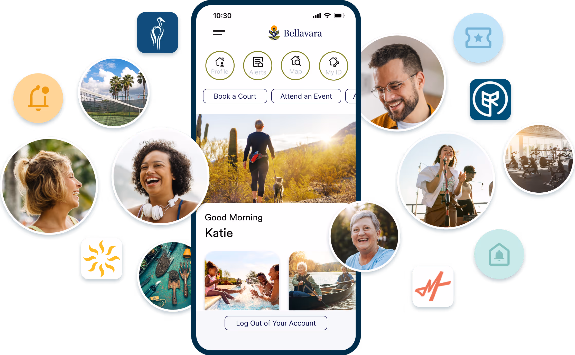 Smartphone screen with Bellavara app showing options for booking courts, events, and user profile greetings.