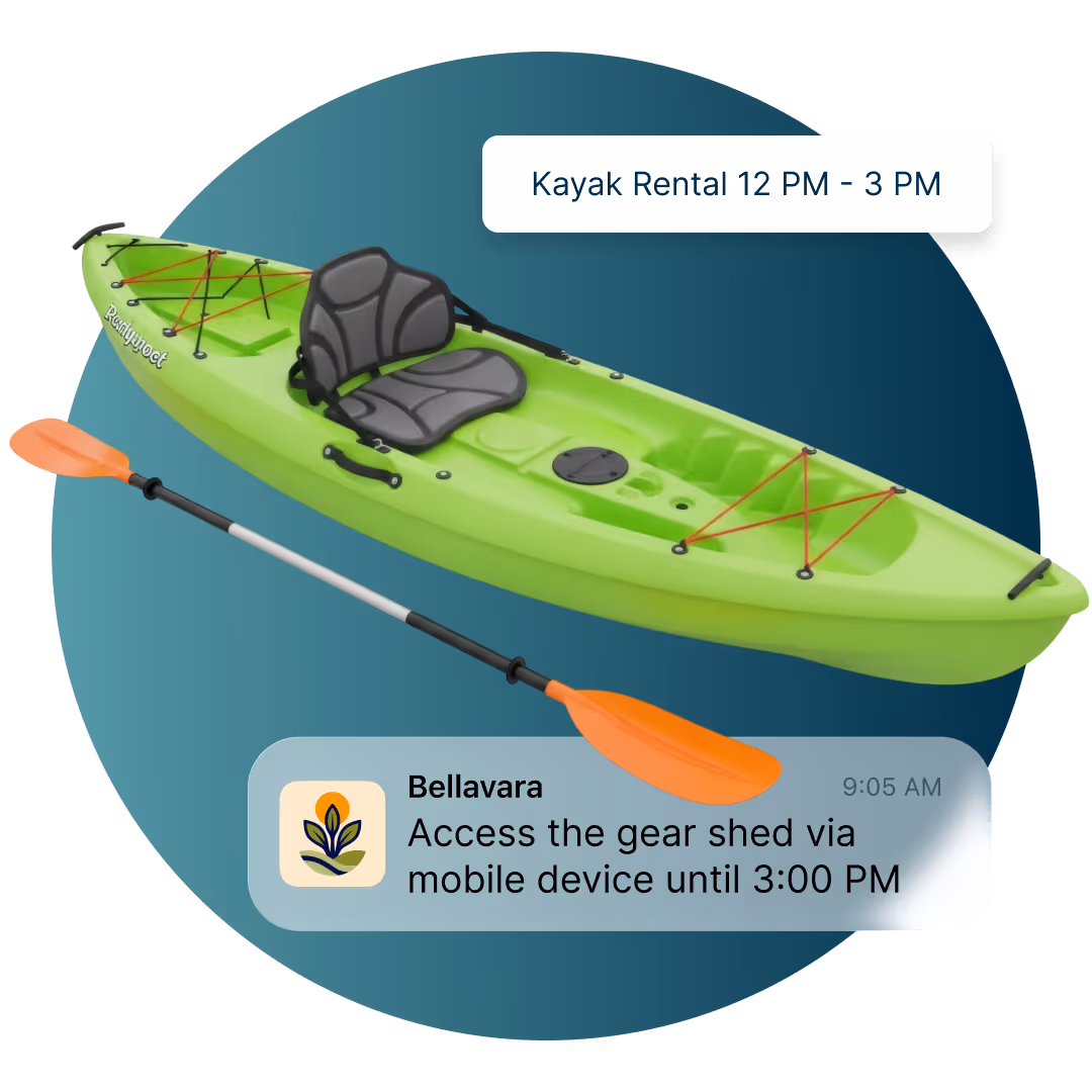 Green kayak with black seat and orange paddle, note says kayak rental from 12 PM to 3 PM.