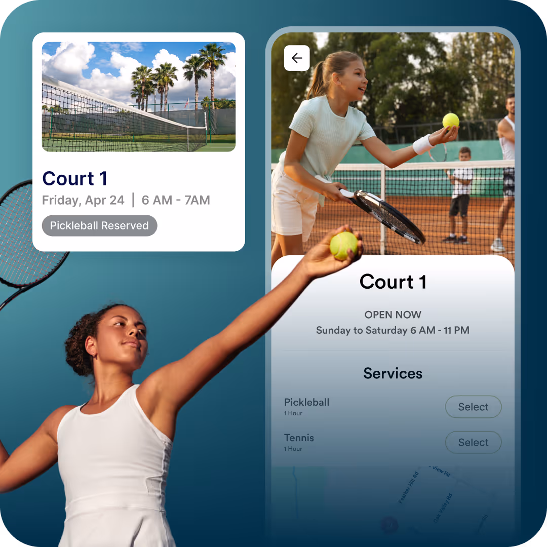Young woman playing tennis with tennis ball and racket in front of court booking app screens.