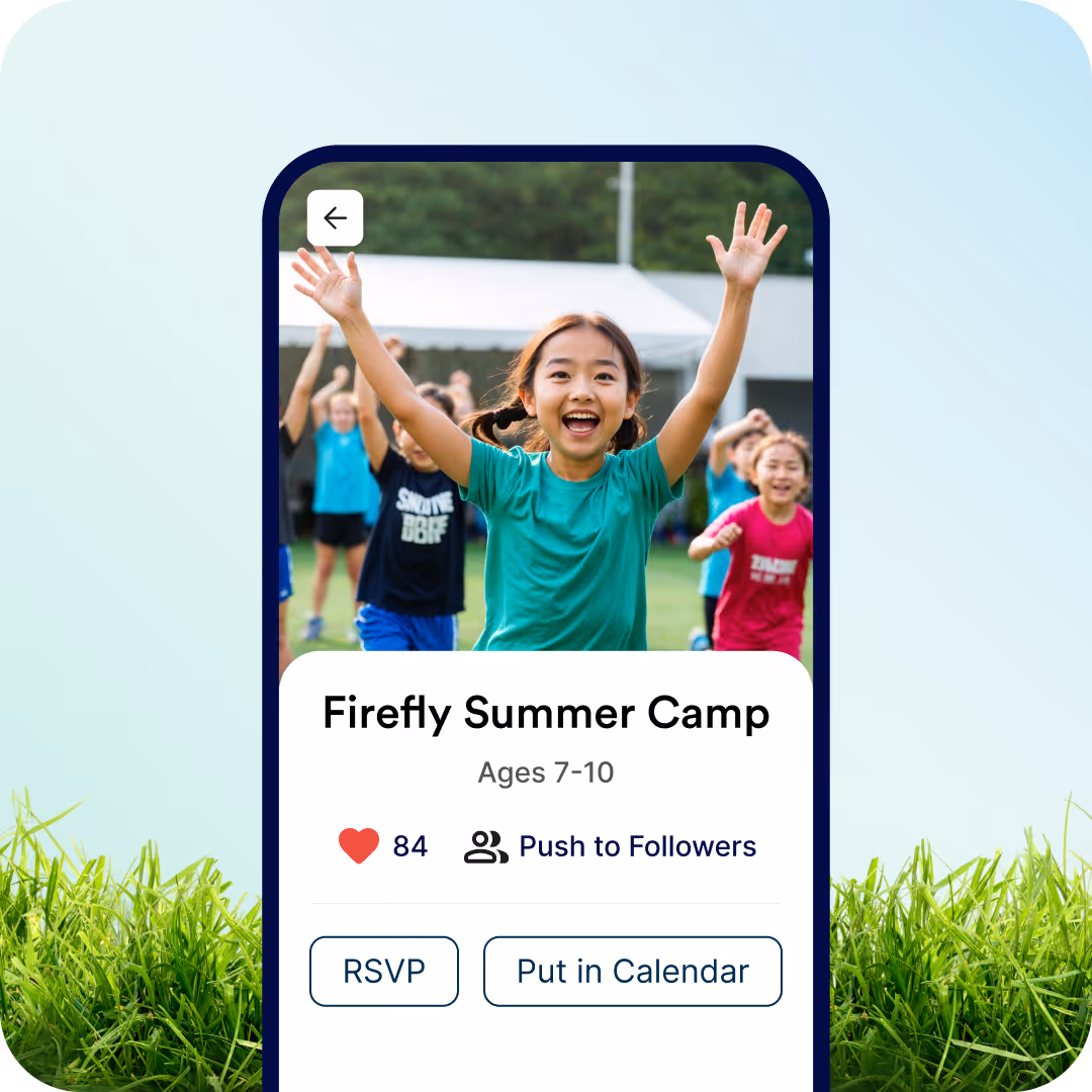 Happy children playing outdoors celebrating at Firefly Summer Camp for ages 7 to 10 on phone screen.