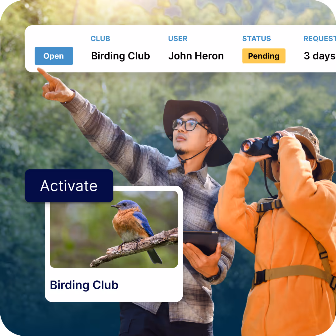 Two birders outdoors; one points ahead, the other looks through binoculars, with bird club interface overlay.