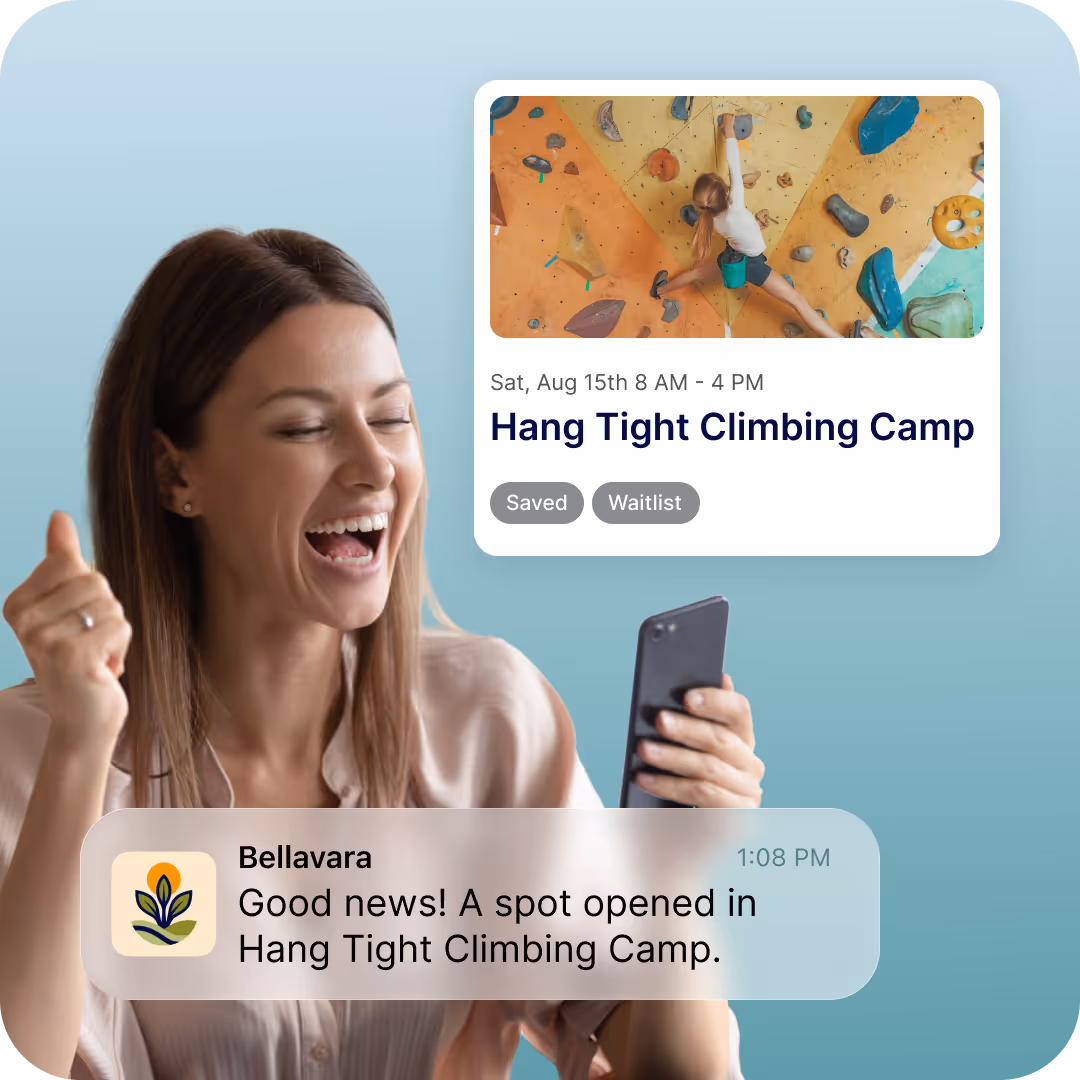Woman cheering at phone showing Hang Tight Climbing Camp waitlist spot opened notification.