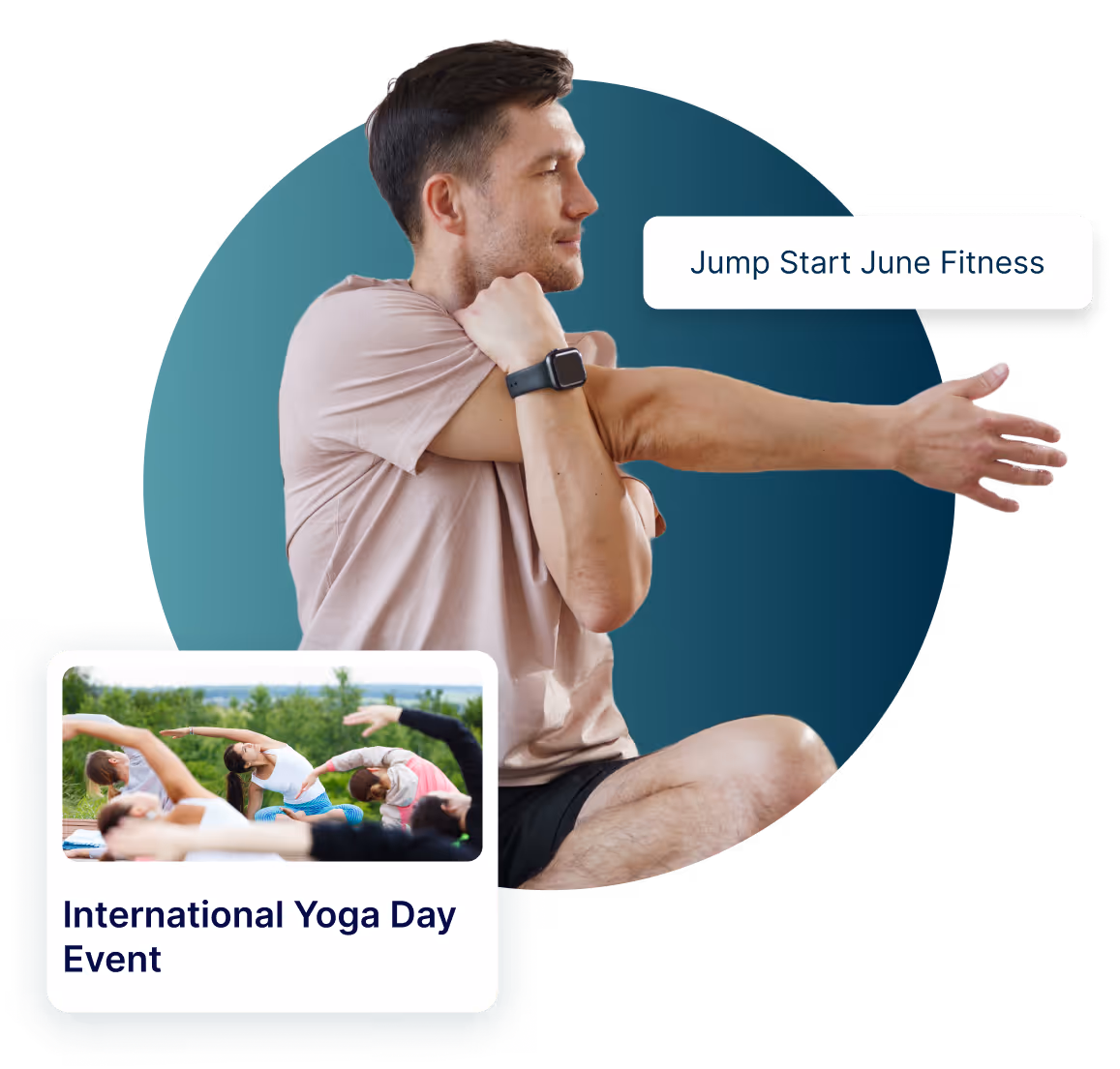 Man stretching arm across chest wearing smartwatch, with International Yoga Day Event text box.