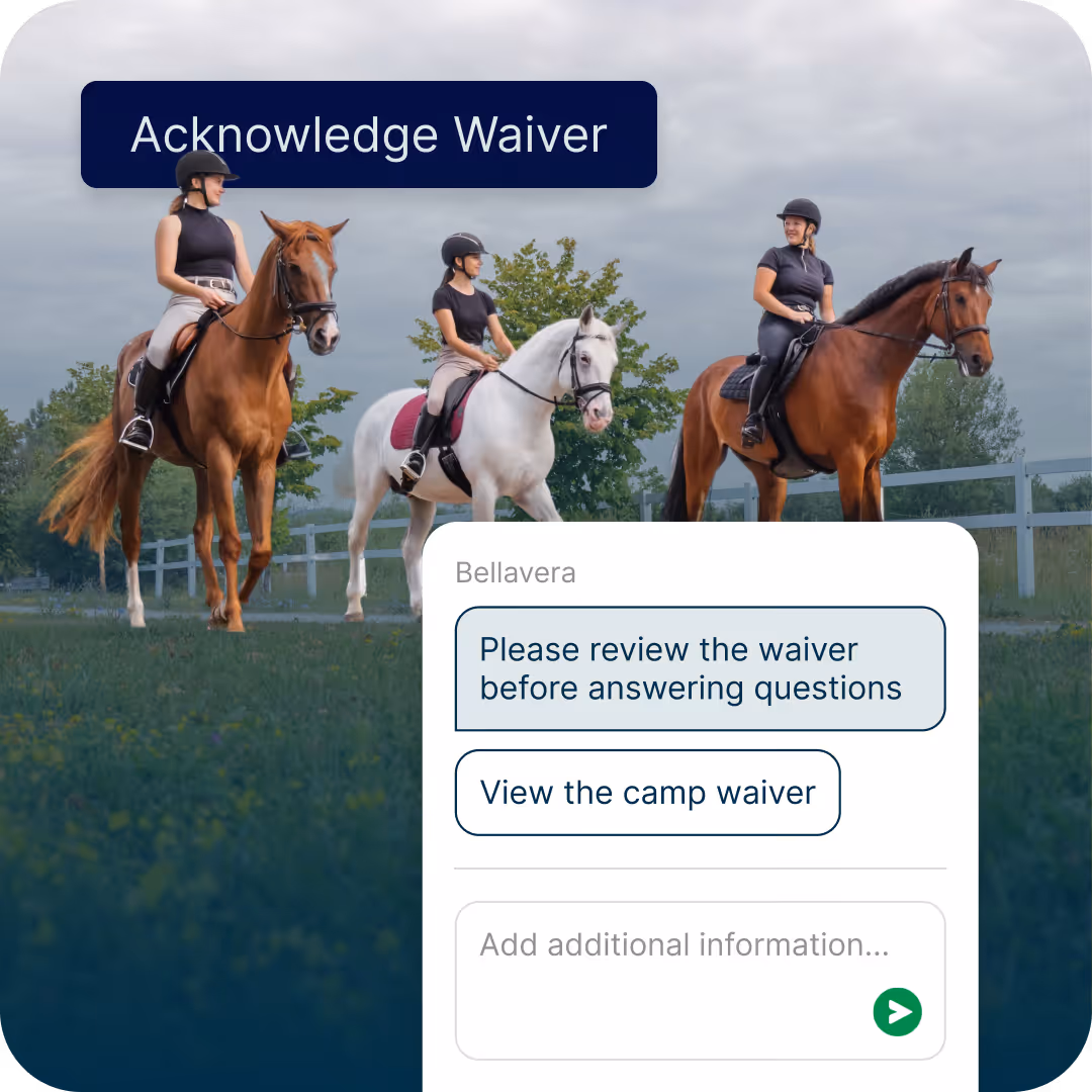 Three riders on horses in a field with a waiver review prompt overlayed.