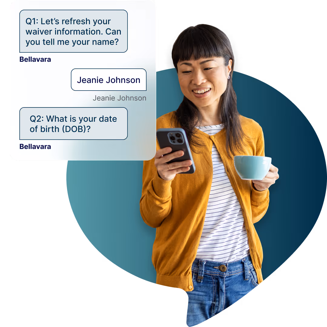 Woman in mustard cardigan smiles while holding phone and cup, with waiver info chat overlay.