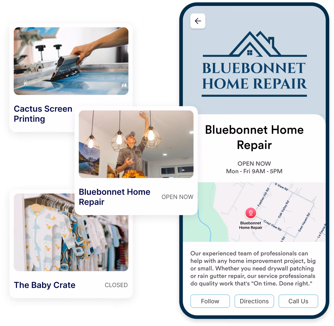 Screenshots of a marketplace app showing Cactus Screen Printing, Bluebonnet Home Repair, and The Baby Crate listings.